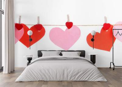 paper hearts and card on rope, isolated on white Wall mural