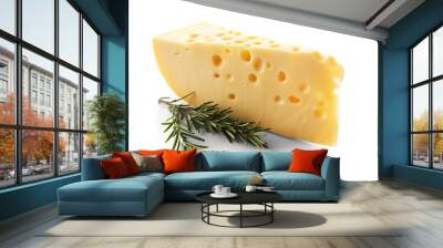 Piece of tasty cheese and rosemary on white background Wall mural