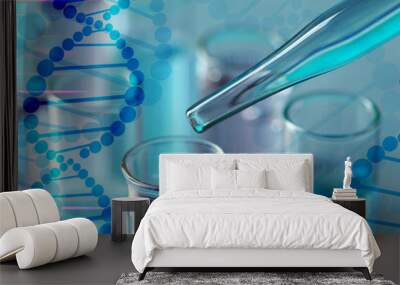 Pipette and test tube with liquid, closeup. DNA research technology concept. Wall mural