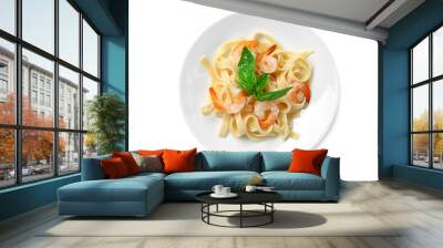 Plate of tasty pasta with shrimps on white background, top view Wall mural