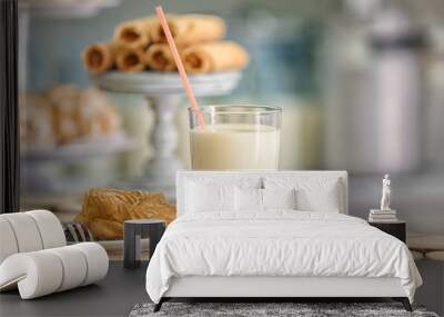 Plate with dessert and glass of milk on table Wall mural