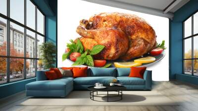 Plate with roasted turkey on white background Wall mural