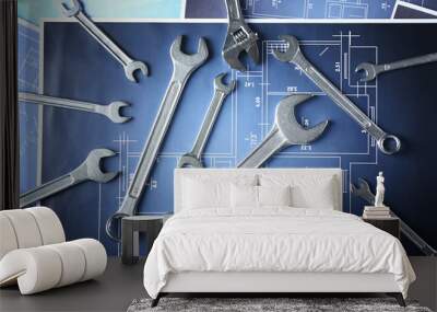 Plumber's tools on blueprint Wall mural