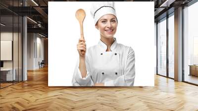 Portrait of female chef with wooden spoon isolated on white Wall mural