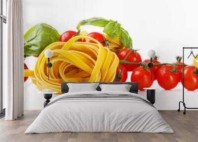 Raw homemade pasta and tomatoes, isolated on white Wall mural