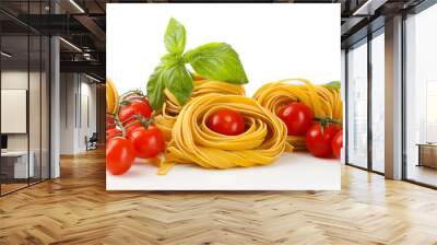 Raw homemade pasta and tomatoes, isolated on white Wall mural