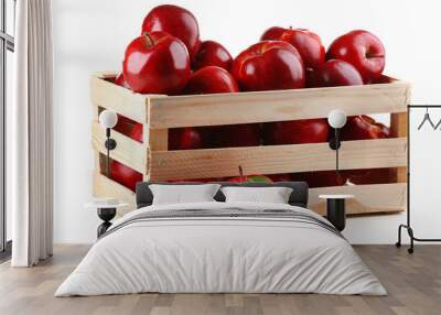 Red apples in wooden crate isolate on white Wall mural