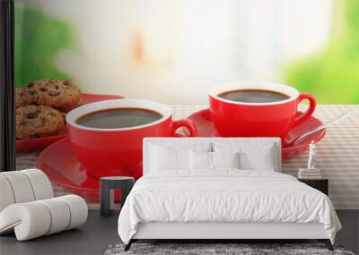 Red cups of strong coffee and cookies Wall mural