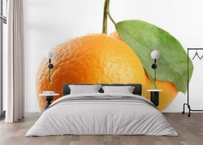 Ripe sweet tangerines with leaves, isolated on white Wall mural