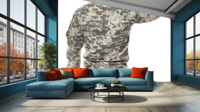 Saluting soldier in camouflage on white background Wall mural