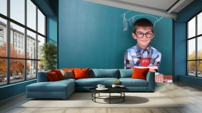 Schoolboy at blackboard in classroom Wall mural