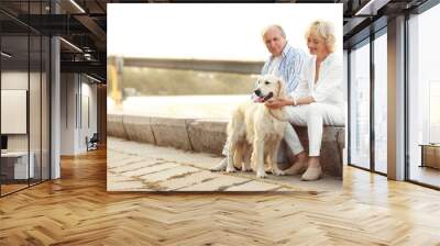 Senior couple and big dog on bund Wall mural