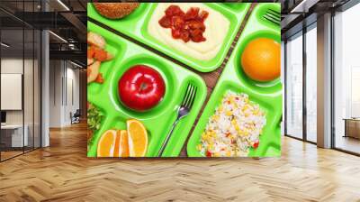 Serving trays with delicious food, closeup. Concept of school lunch Wall mural