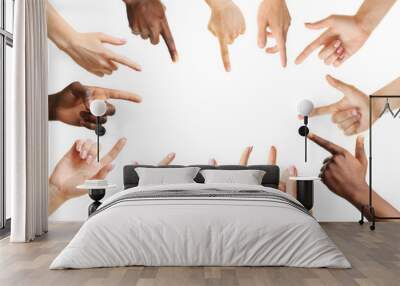 Set of different hands touching or pointing to something, isolated on white Wall mural