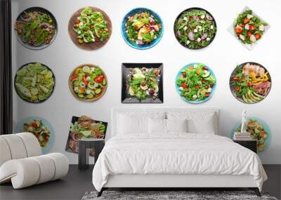 Set of different tasty salads on white background Wall mural