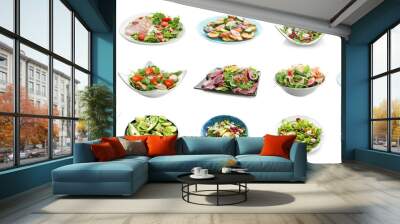 Set of different tasty salads on white background Wall mural