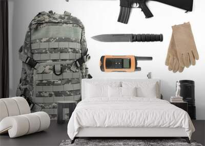 Set of military stuff on white background Wall mural