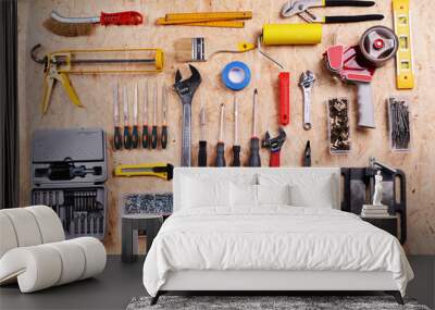 Set of tools on plywood, top view Wall mural