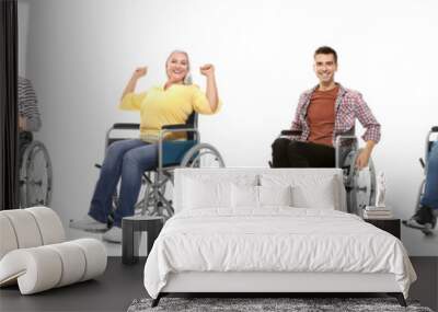 Set with different people in wheelchairs on white background Wall mural