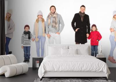 Set with people in warm clothes on white background. Ready for winter vacation Wall mural