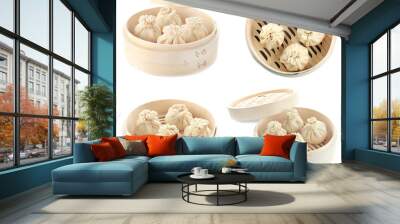 Set with tasty baozi and khinkali dumplings on white background Wall mural