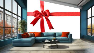 Shiny red ribbon with bow isolated on white Wall mural