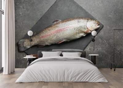 Slate plate with raw rainbow trout on grey background, top view Wall mural