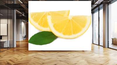 Slices of fresh lemon and green leaves on white background Wall mural