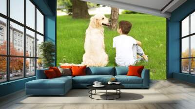 Small boy and cute dog in park Wall mural