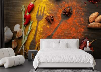 Spices on table with cutlery silhouette, close-up Wall mural