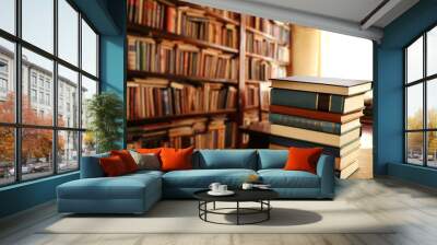 Stack of books on table at library Wall mural