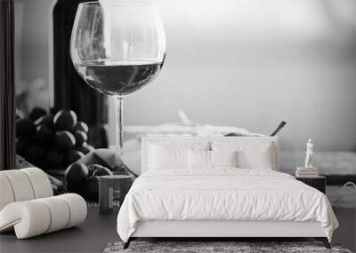 still life with various types of italian food and wine, black and white retro stylization Wall mural