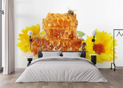 sweet honeycomb with honey, bee and flowers, isolated on white Wall mural