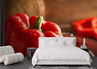 Sweet wet red peppers, closeup Wall mural