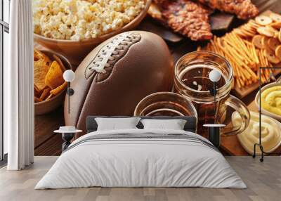 Table full of tasty snacks and beer prepared for watching rugby on TV Wall mural