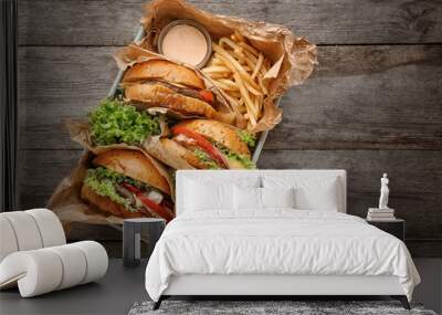 Tasty beef burgers on table Wall mural