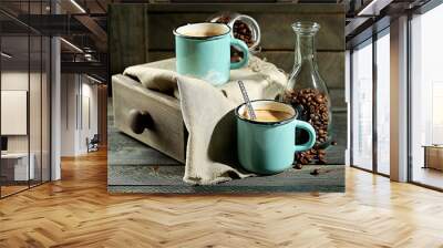 Tasty cappuccino on wooden table Wall mural