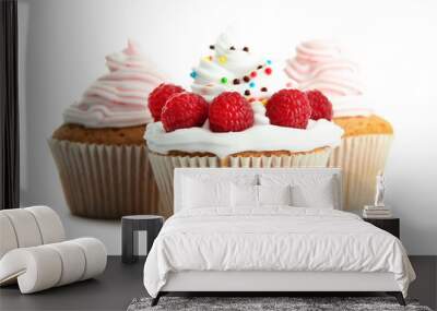 tasty cupcakes with berries, isolated on white Wall mural