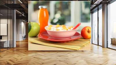 tasty dieting food and bottle of juice, on wooden table Wall mural