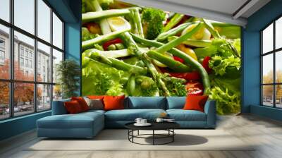 Tasty salad with asparagus and vegetables, closeup Wall mural