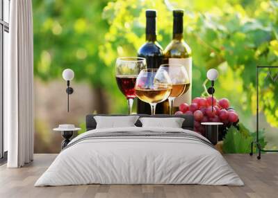 Tasty wine on wooden barrel on grape plantation background Wall mural