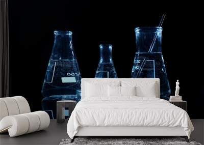 Test beakers and flasks on dark background Wall mural