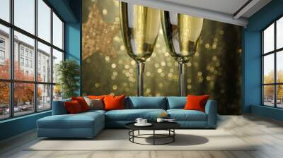 Two glasses of champagne on bright background with lights Wall mural