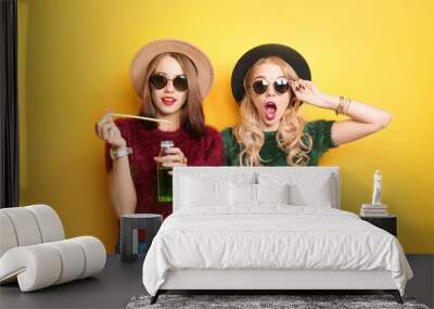 Two hipster girls with drinks on color background Wall mural