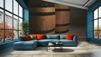 Two old wooden wine barrels, closeup Wall mural