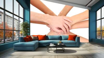 United hands isolated on white Conceptual photo of teamwork Wall mural