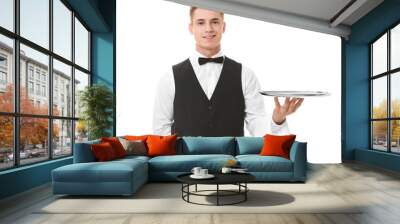 Waiter with metal tray on white background Wall mural