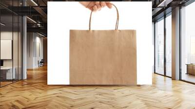 Woman holding paper bag on white background. Mockup for design Wall mural