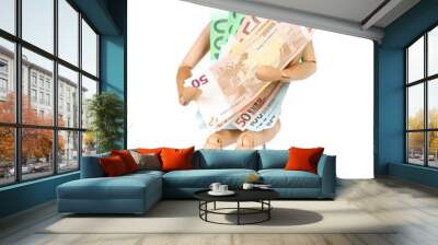 Wooden small mannequin with money isolated on white Wall mural