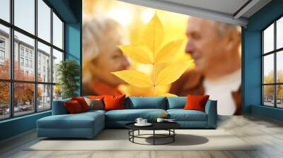 Yellow autumn leaf and lovely mature couple in autumn park Wall mural